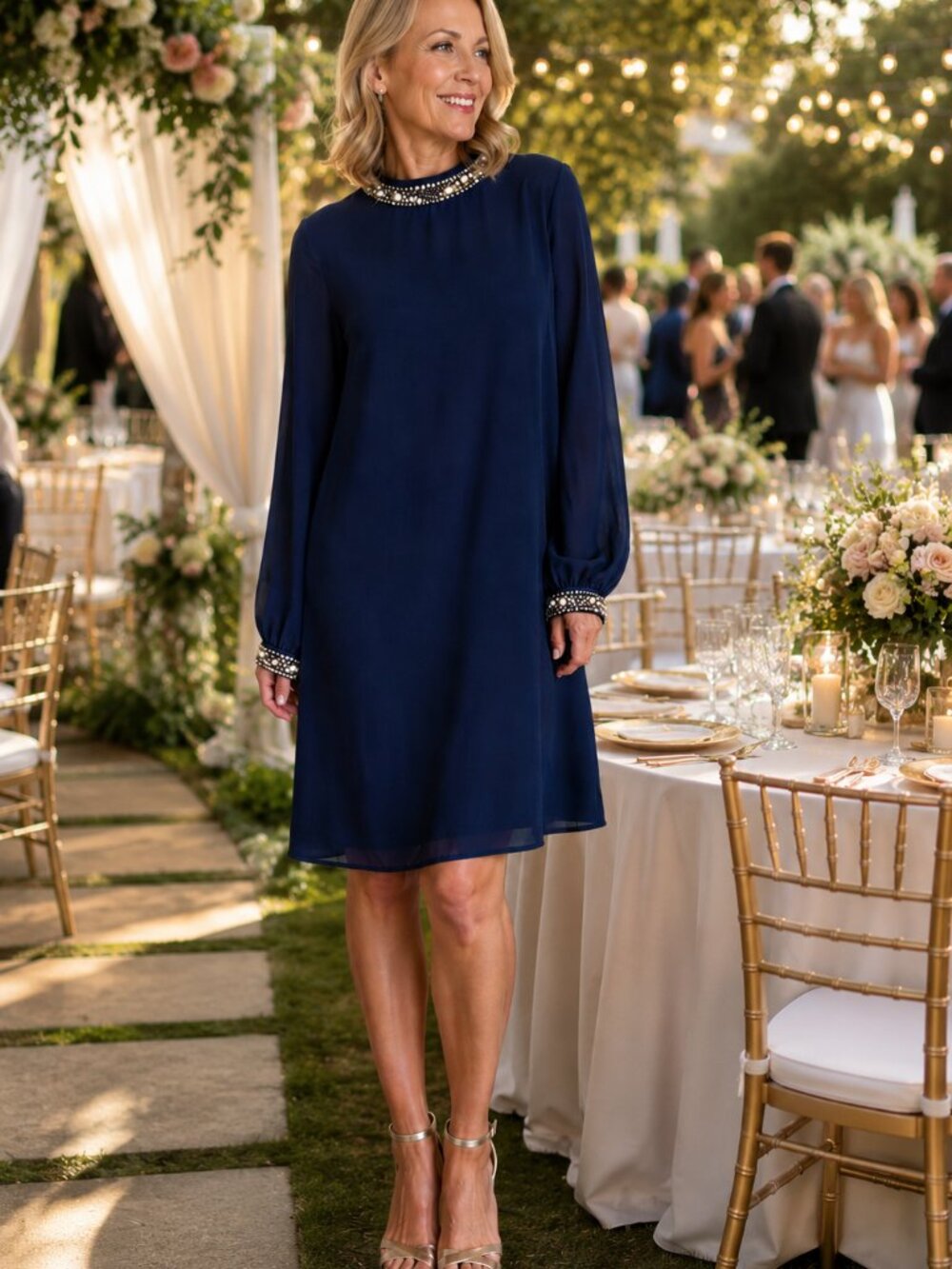 LE CHATEAU Navy Blue Chiffon Cocktail Dress Rhinestone Embellished Neck & Cuffs